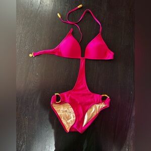 Victoria's Secret Bright Hot Pink One-Piece Swimsuit with Gold Rings